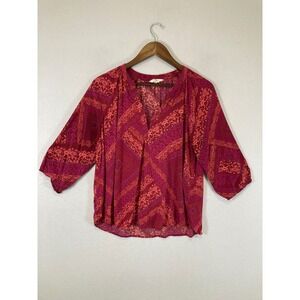 Airy Jewel Toned Sonoma Women XL Burgundy Floral Patchwork Rayon V-Neck Blouse